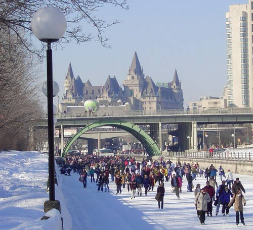 the forzen rideau canal is transformed into the world's longest ice skating rink